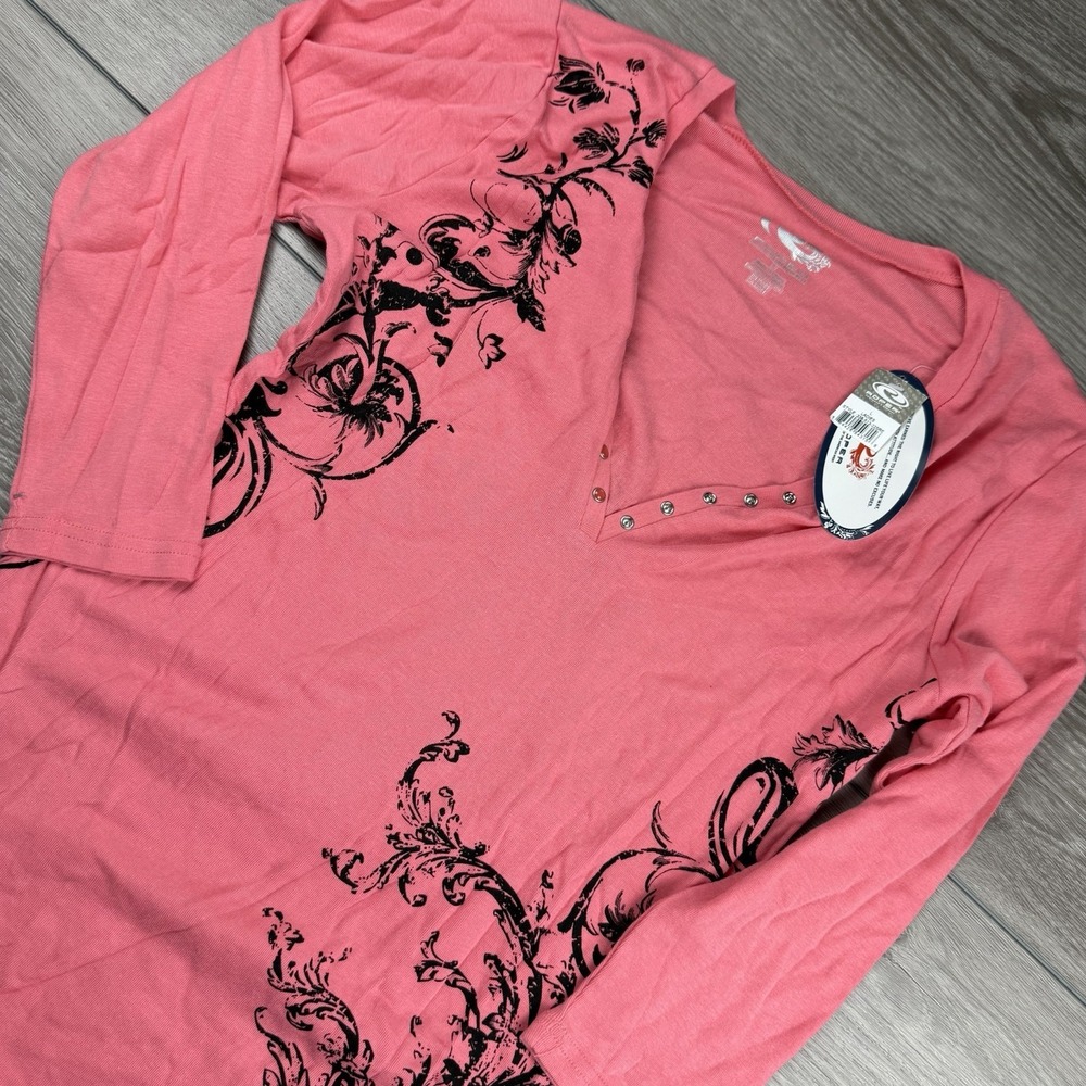 Roper Women's Long Sleeve Scroll Work Design V Neck Top Pink Large New